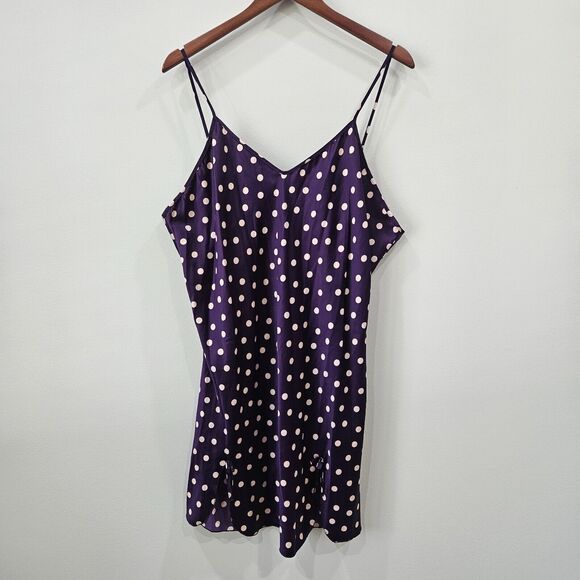 Unbranded Other - Womens Silk Satin Purple Polka Dot Nightgown Bow Slit Adjustable Strap Retro 90s